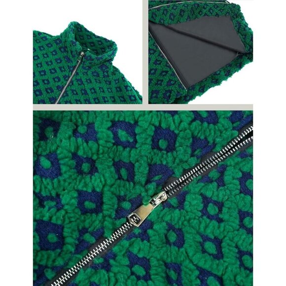 Women Dark green Cropped Sherpa Fleece Plaid Jacket Chunky Outerwear - Picture 6 of 7